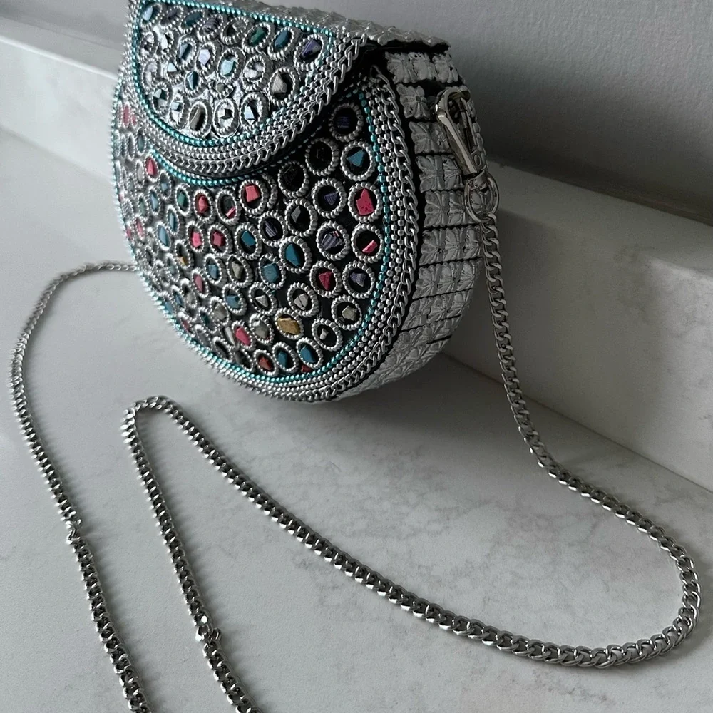 NEW Never Used Ramla Handmade Silver with Multi Colored Mosaic Beaded Clutch